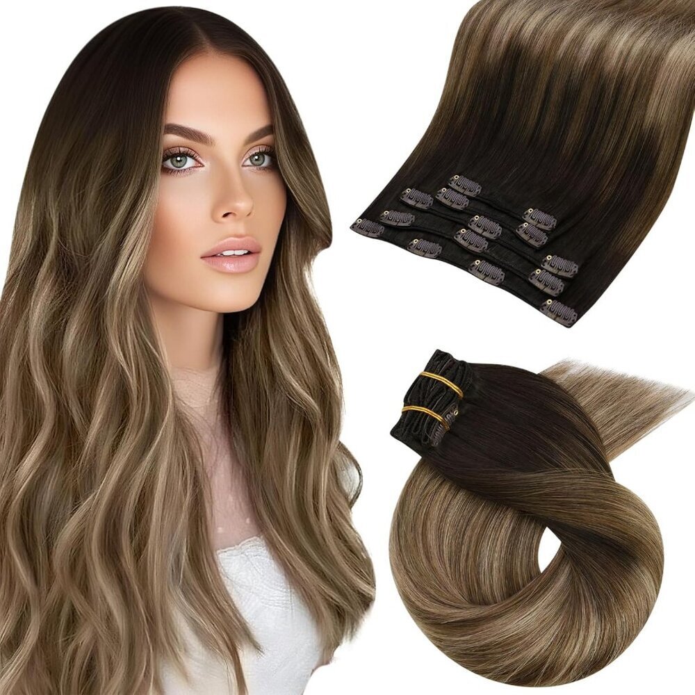 Clip in Hair Extensions Human Hair Balayage Dark Brown to Blonde 12 inch 80g